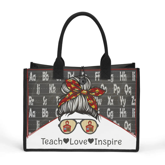 Personalized teacher tote bag with Teach Love Inspire design – durable canvas school bag gift for educators