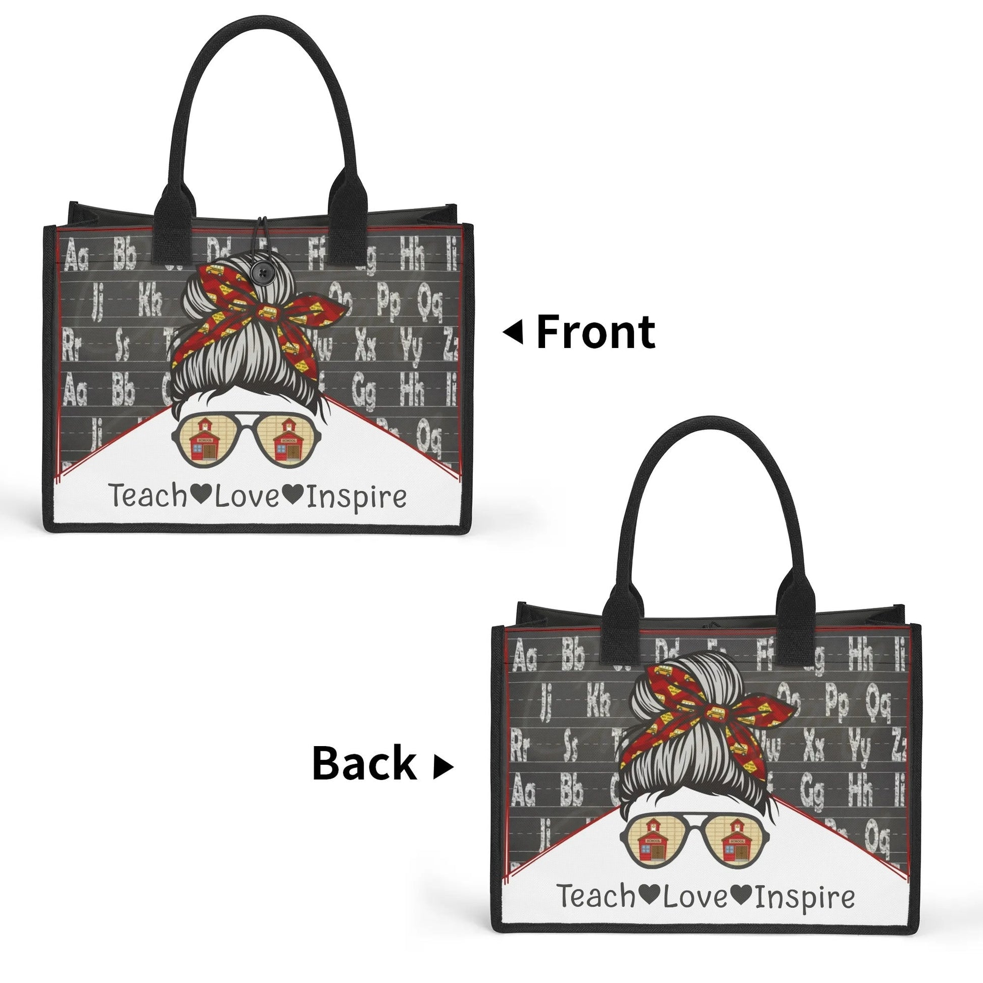 Custom canvas tote bag featuring stylish bun design with bow, sunglasses, and inspirational Teach Love Inspire message