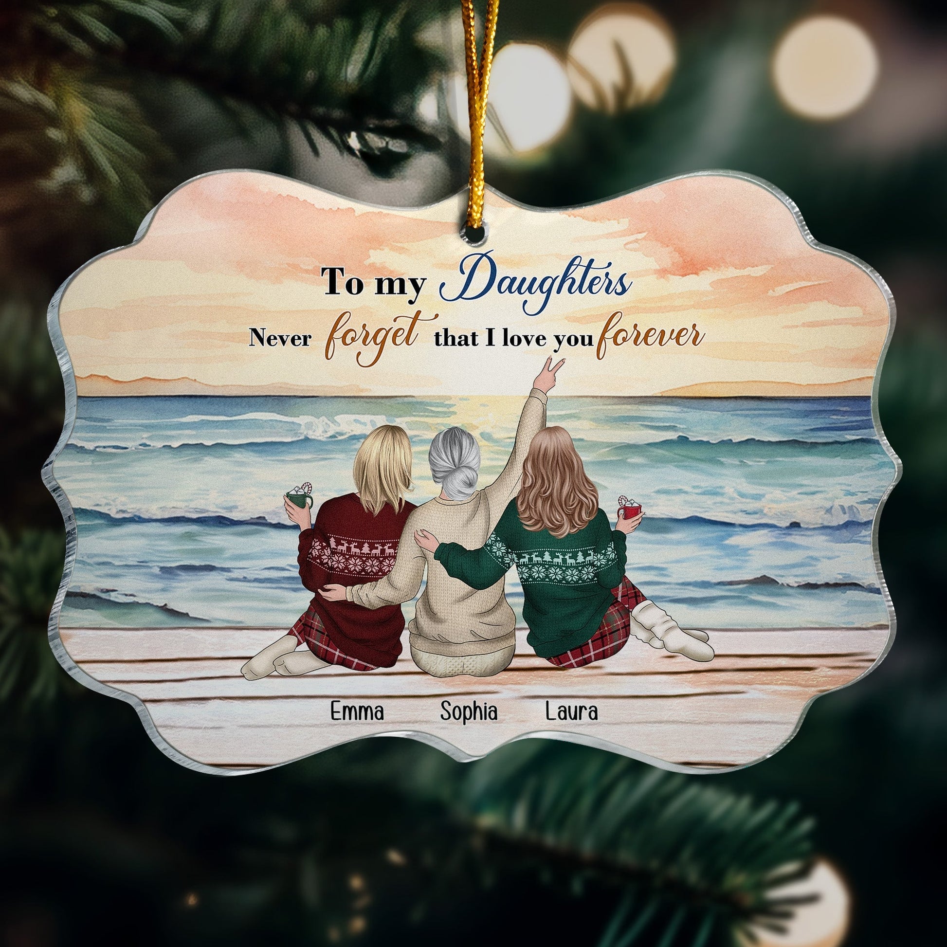 Personalized acrylic ornament with mother and daughters illustration, custom names, and loving quote, perfect Christmas keepsake gift.