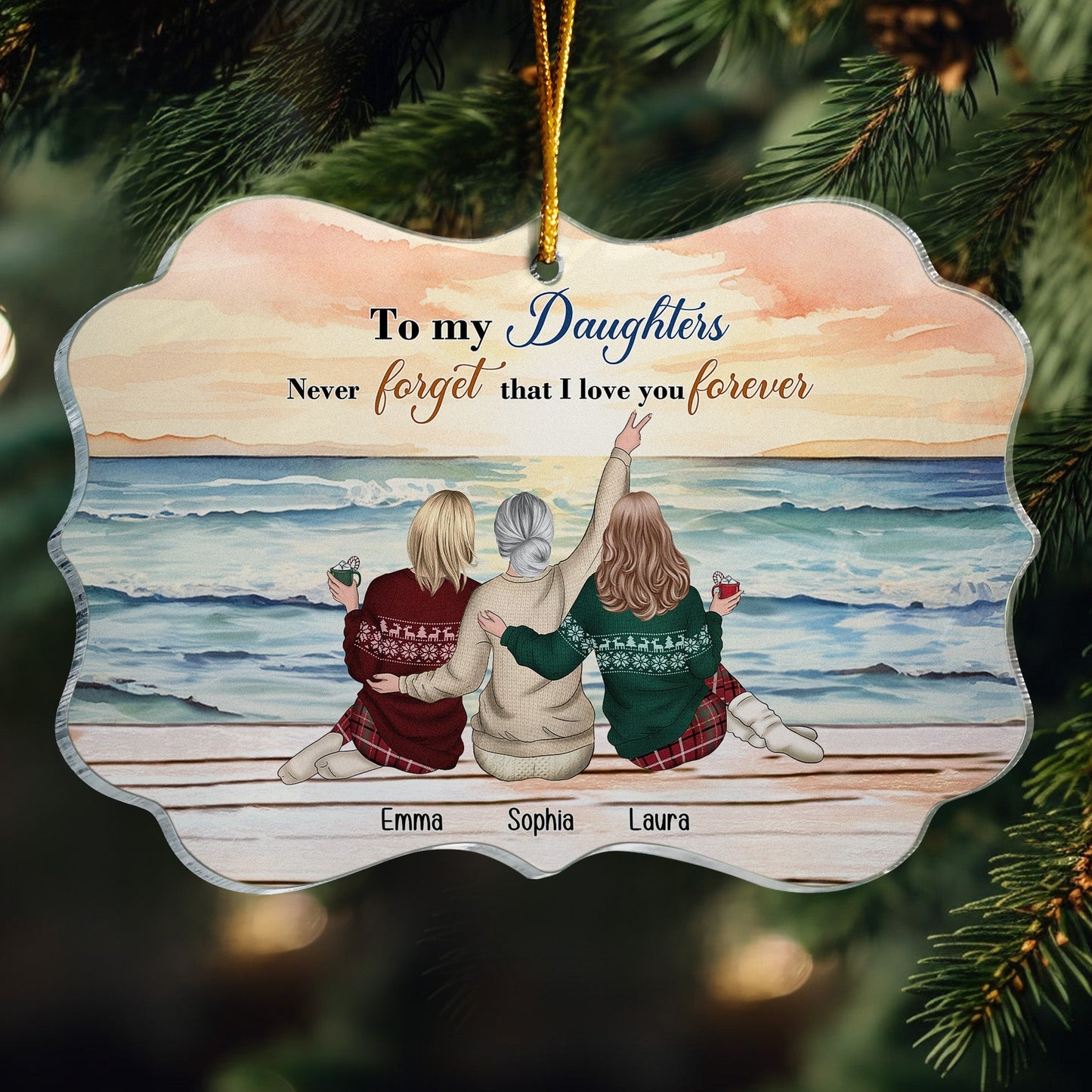Personalized family ornament glowing on Christmas tree, unique custom gift for daughters from mom.