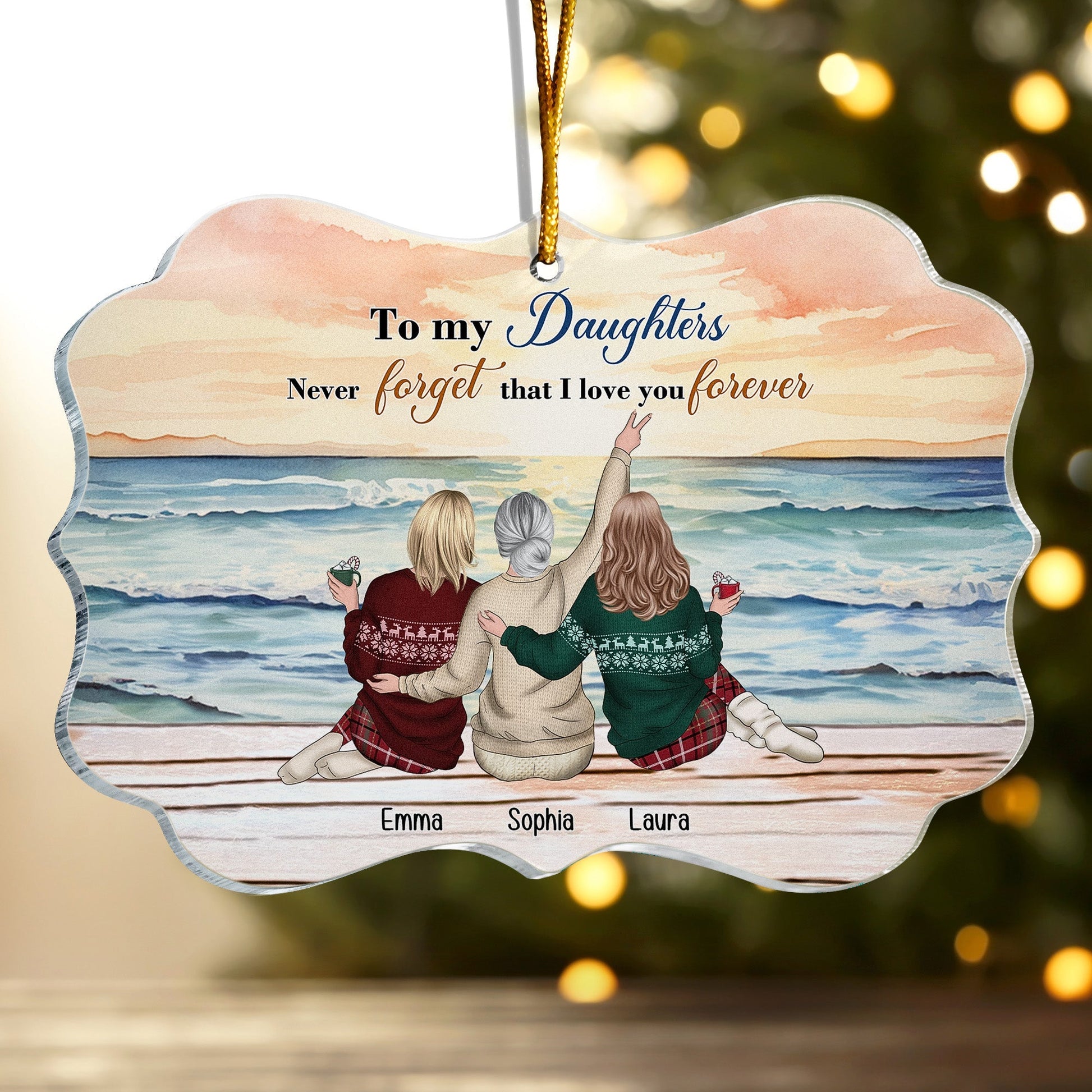 Custom daughters ornament with beach sunset background, engraved names, and heartfelt message for holiday decor or memory keepsake.