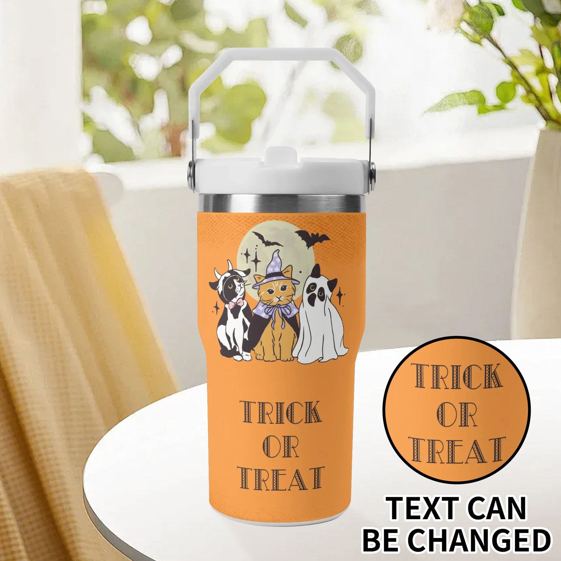 Personalized Halloween pets tumbler with stainless steel design, featuring cat, dog, and ghost costumes under the moon. Customizable text “Trick or Treat.”