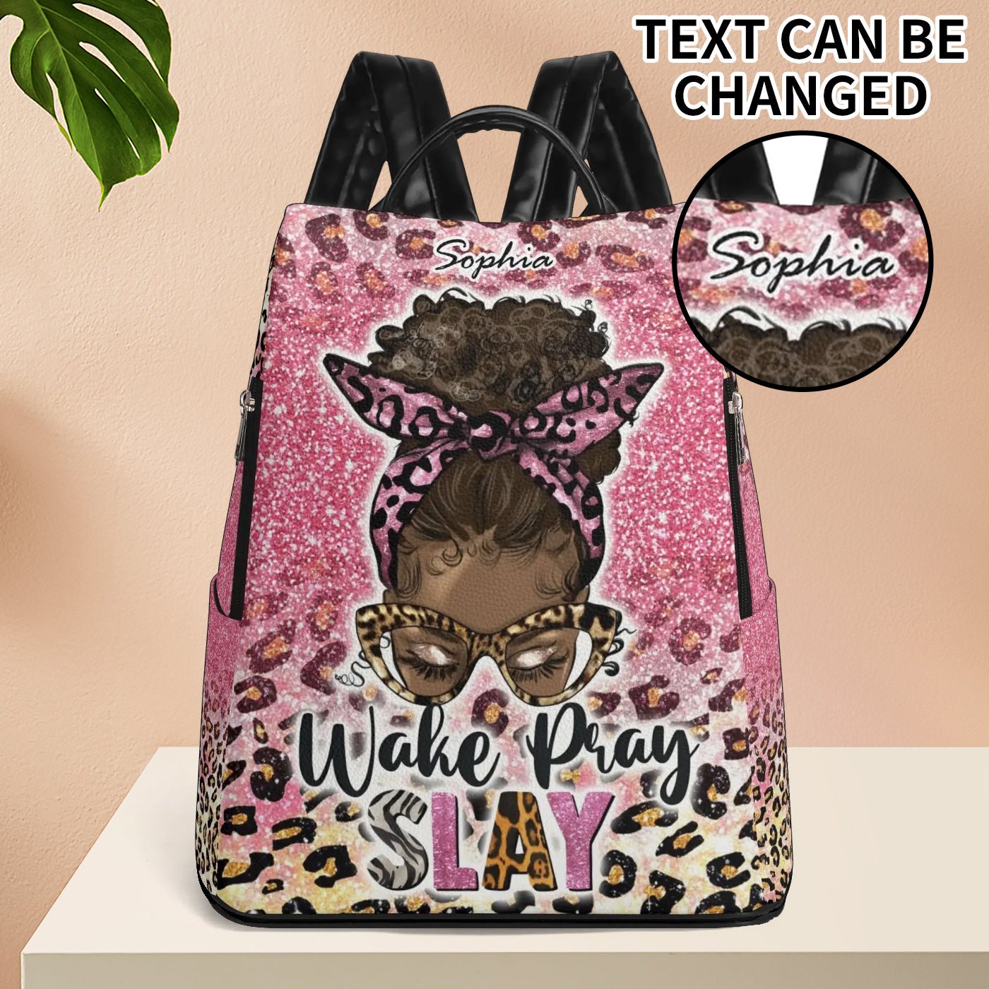 Wake Pray Slay Personalized Backpack ๐ Custom Name Glitter Leopard Bag - De Krys