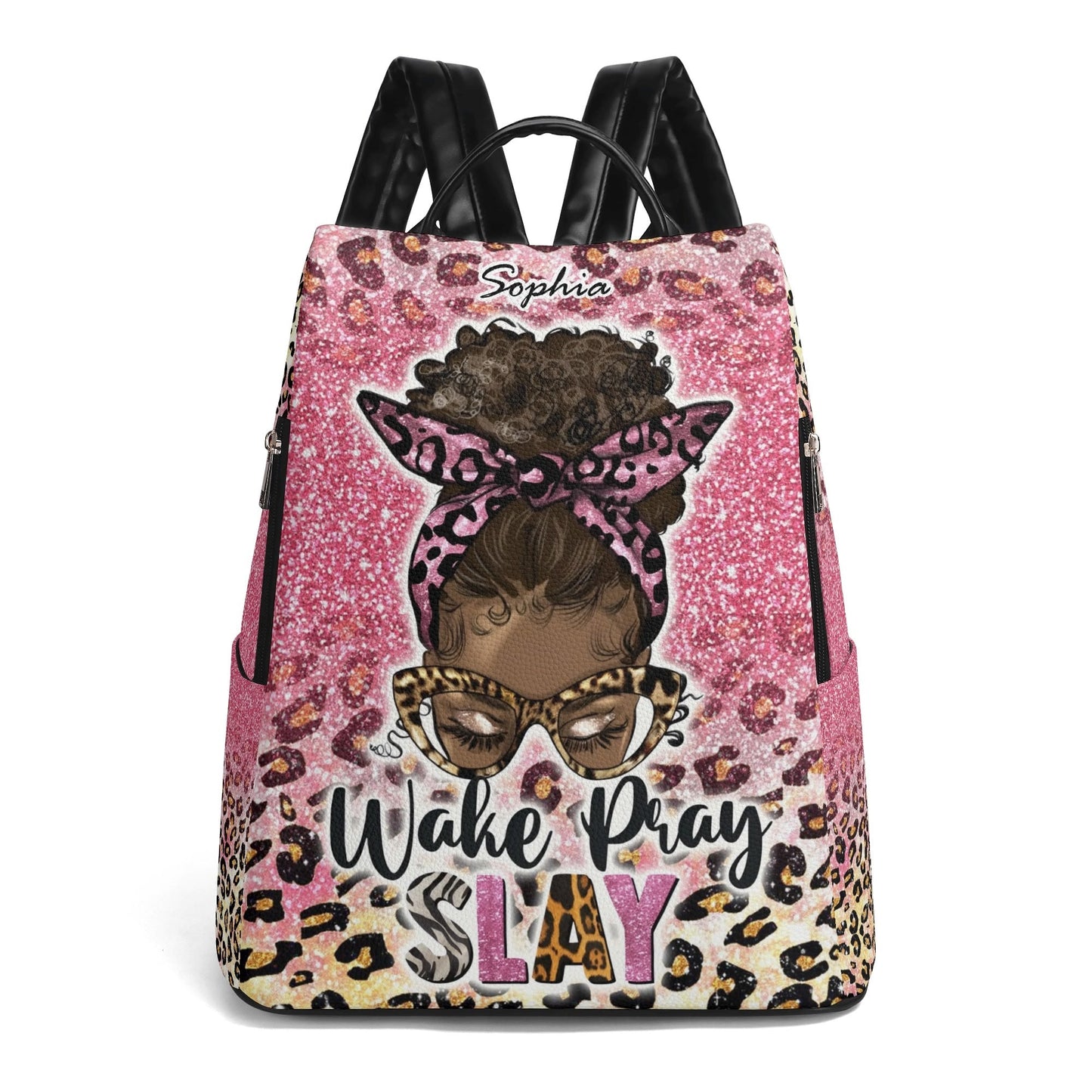 Wake Pray Slay Personalized Backpack ๐ Custom Name Glitter Leopard Bag - De Krys