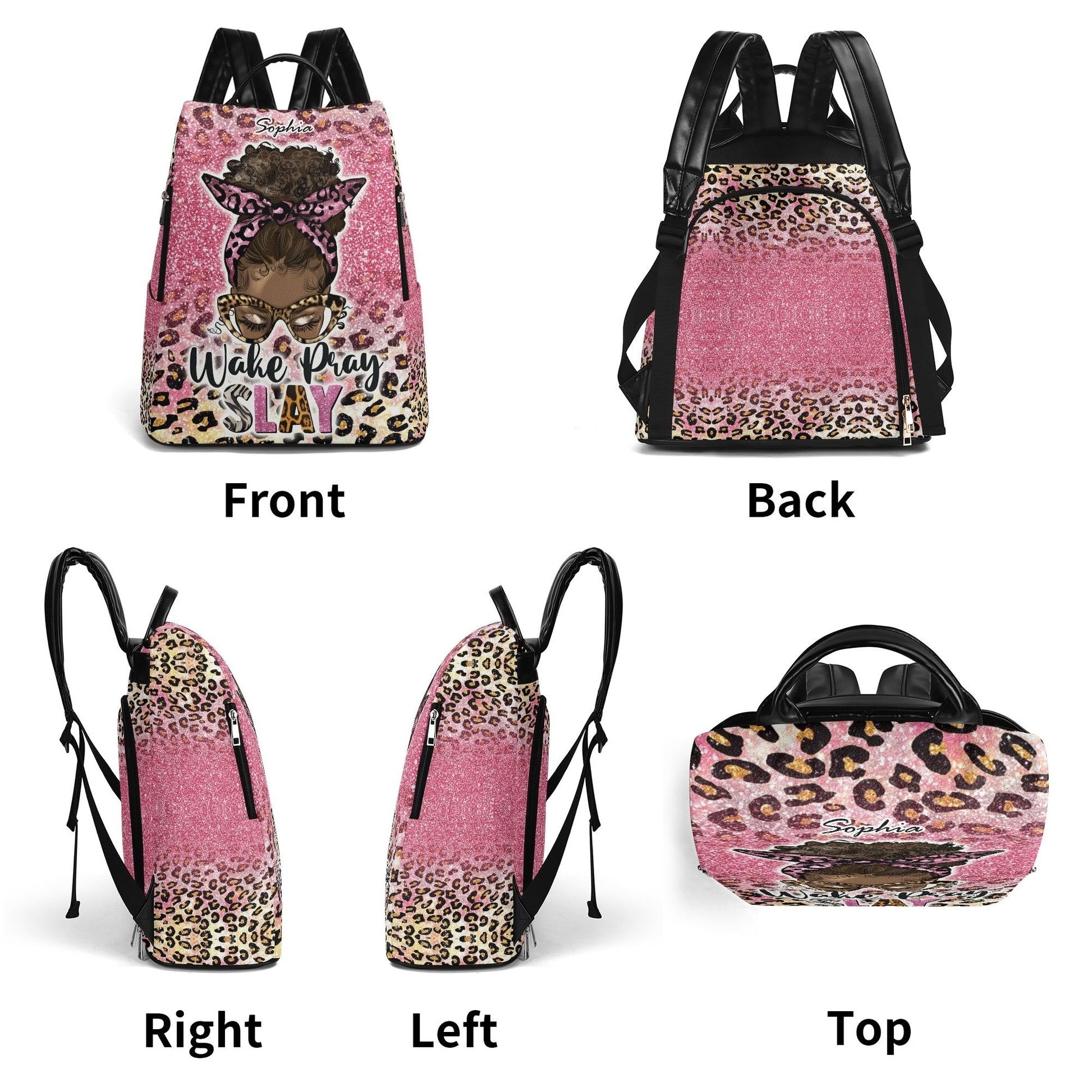 Wake Pray Slay Personalized Backpack ๐ Custom Name Glitter Leopard Bag - De Krys