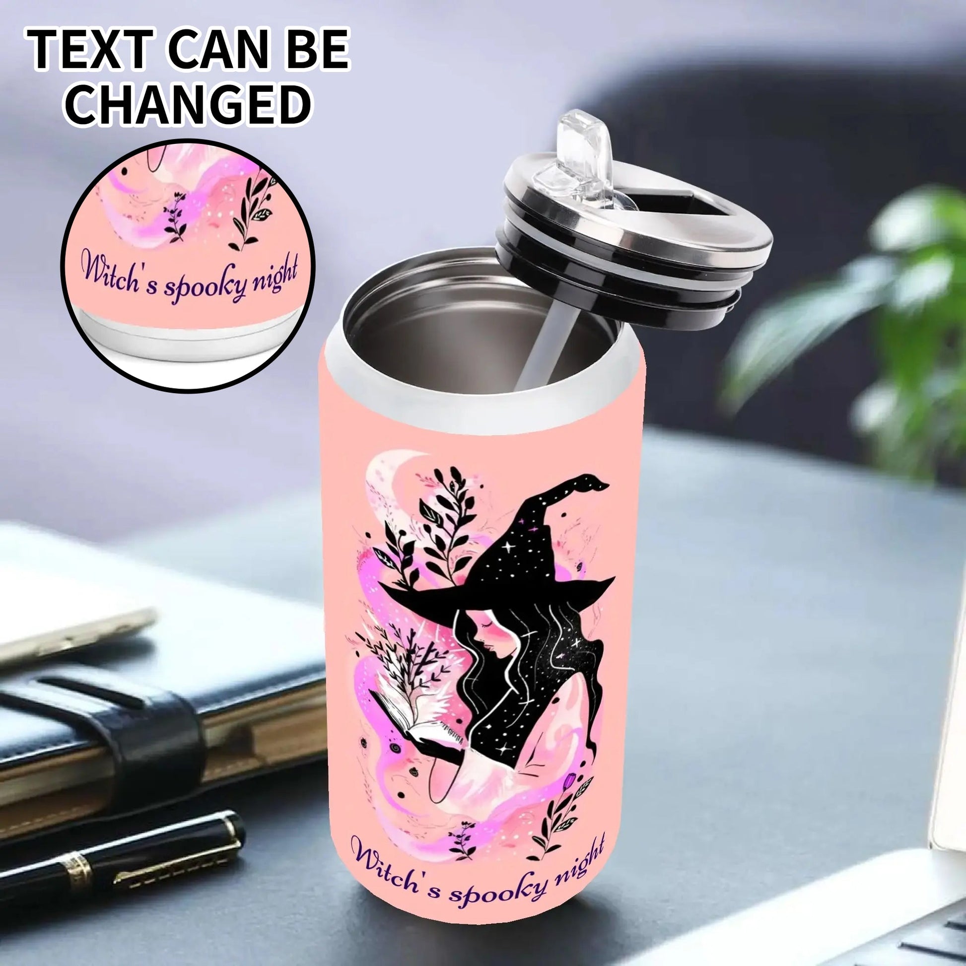 Custom Witch’s Spooky Night tumbler featuring witch silhouette under moonlight with floral accents, customizable with name or text.
