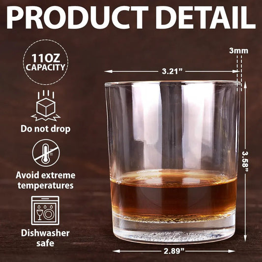 Close-up of engraved whiskey glass with humorous friendship message