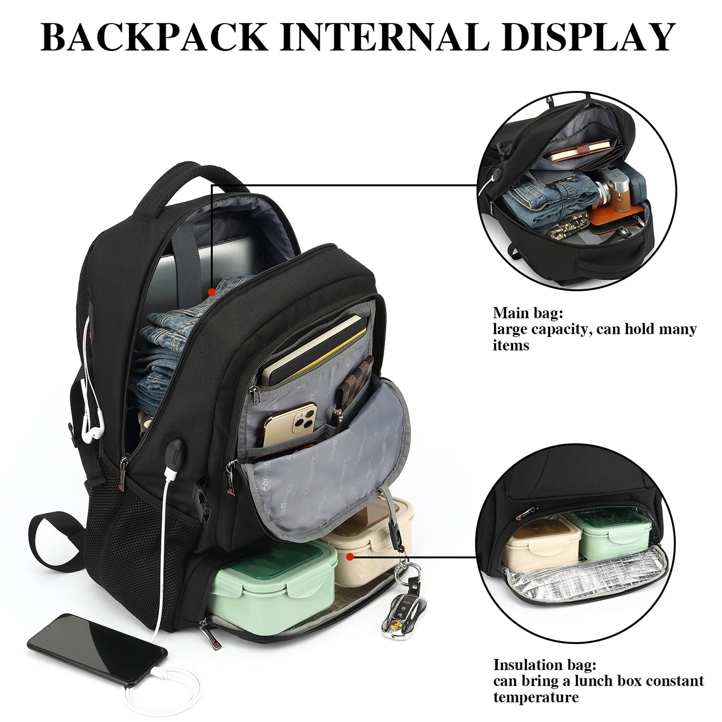 DUTRIEUX Multi-Functional Laptop Lunch Backpack with Insulated Compartment, USB Charging Port, and Ergonomic Design for Work, Travel, Hiking, and Outdoor Adventures