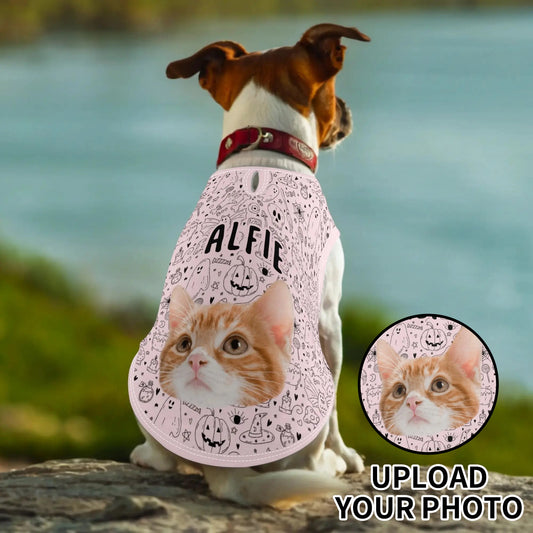 Dog wearing a custom Halloween pet shirt with doodle print (pumpkins, ghosts, skulls, witches’ hats), featuring personalized pet photo and name.