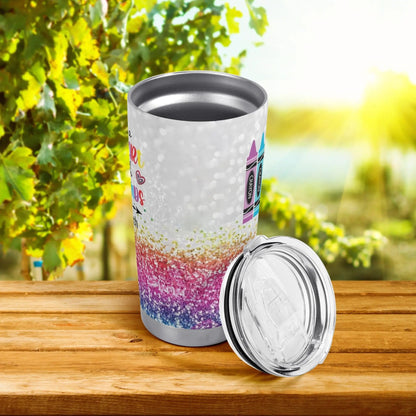 Big Heart to Teach Little Minds Tumbler | Crayon Teacher Gift | Personalized Glitter Rainbow Cup - De Krys