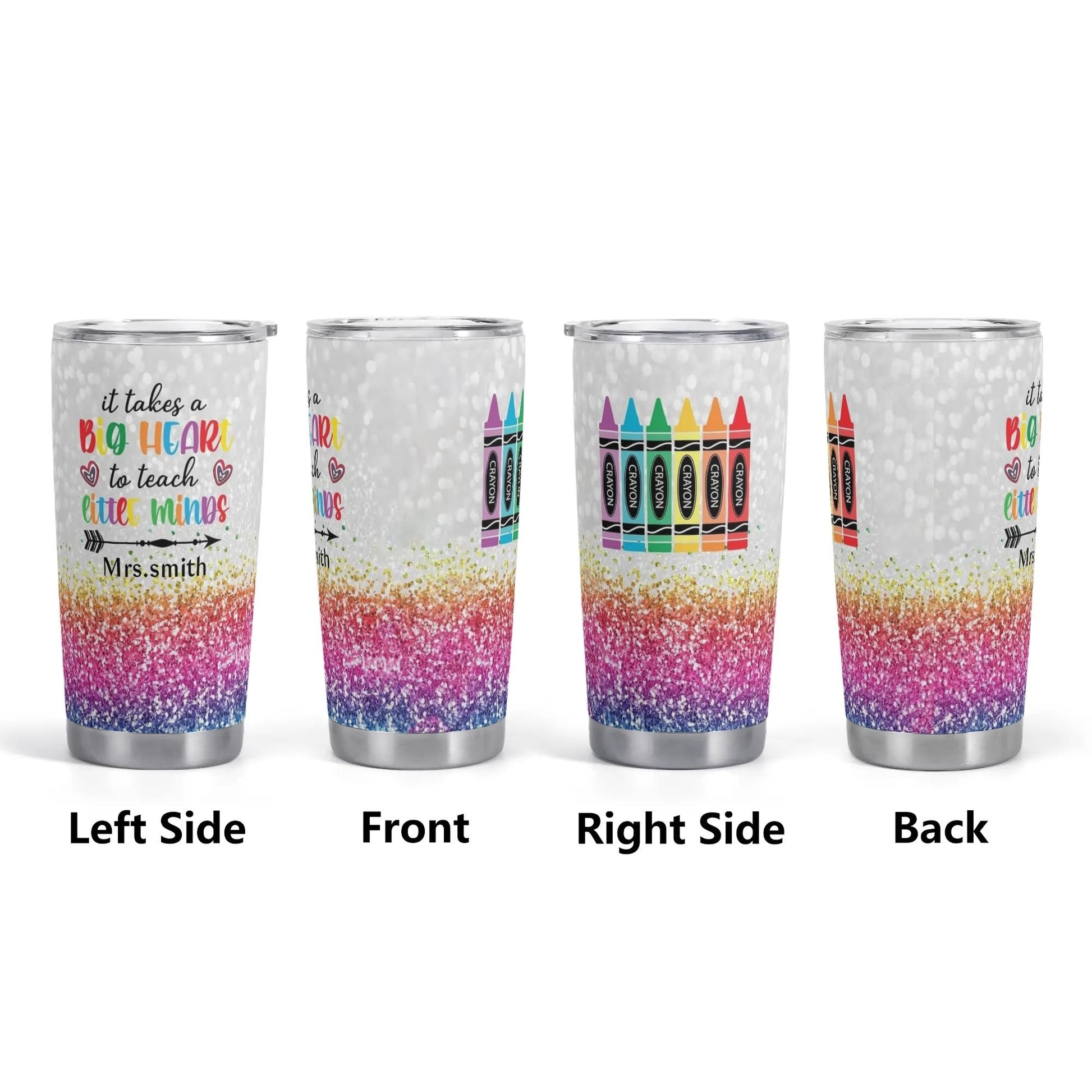 Big Heart to Teach Little Minds Tumbler | Crayon Teacher Gift | Personalized Glitter Rainbow Cup - De Krys