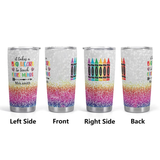 Big Heart to Teach Little Minds Tumbler | Crayon Teacher Gift | Personalized Glitter Rainbow Cup - De Krys