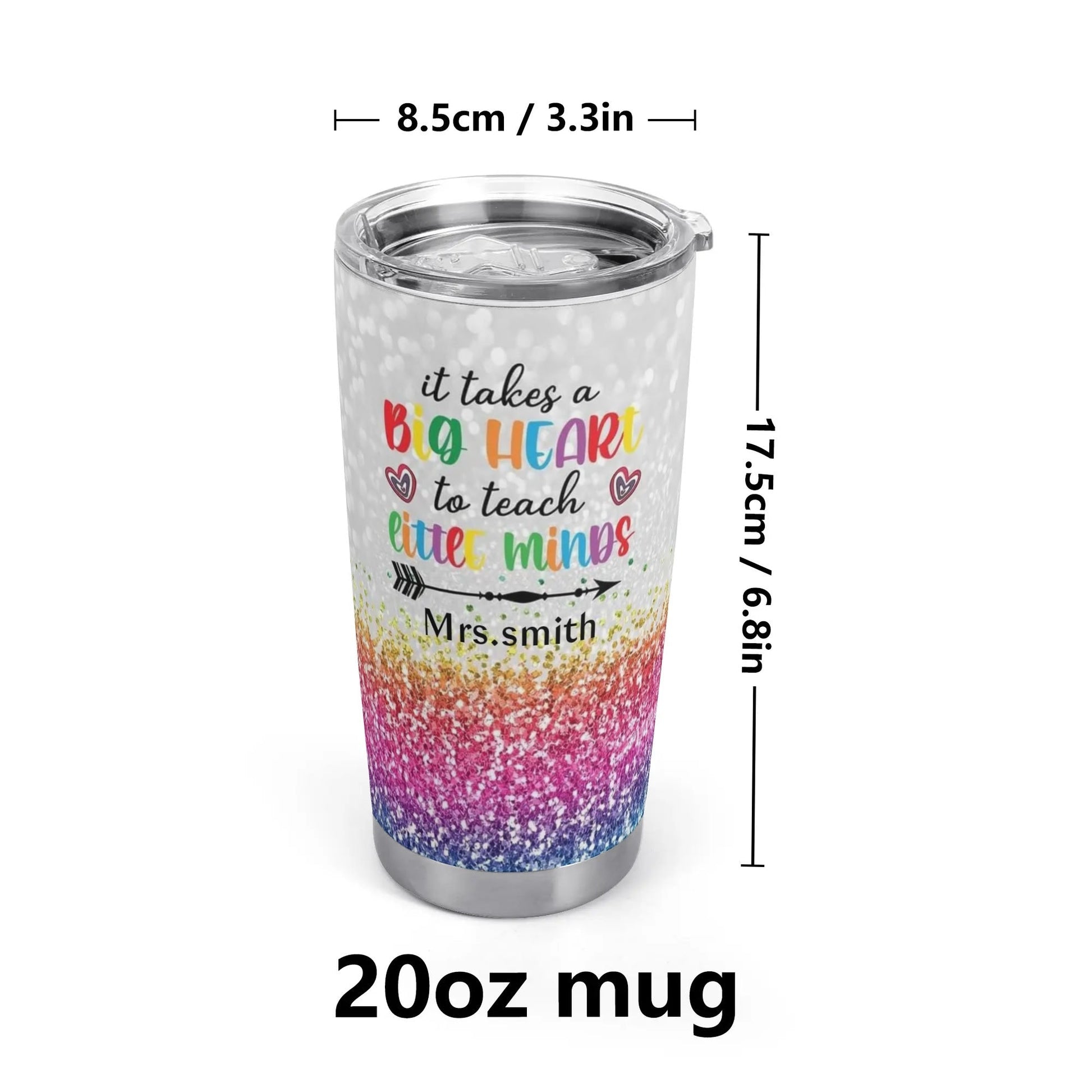 Big Heart to Teach Little Minds Tumbler | Crayon Teacher Gift | Personalized Glitter Rainbow Cup - De Krys