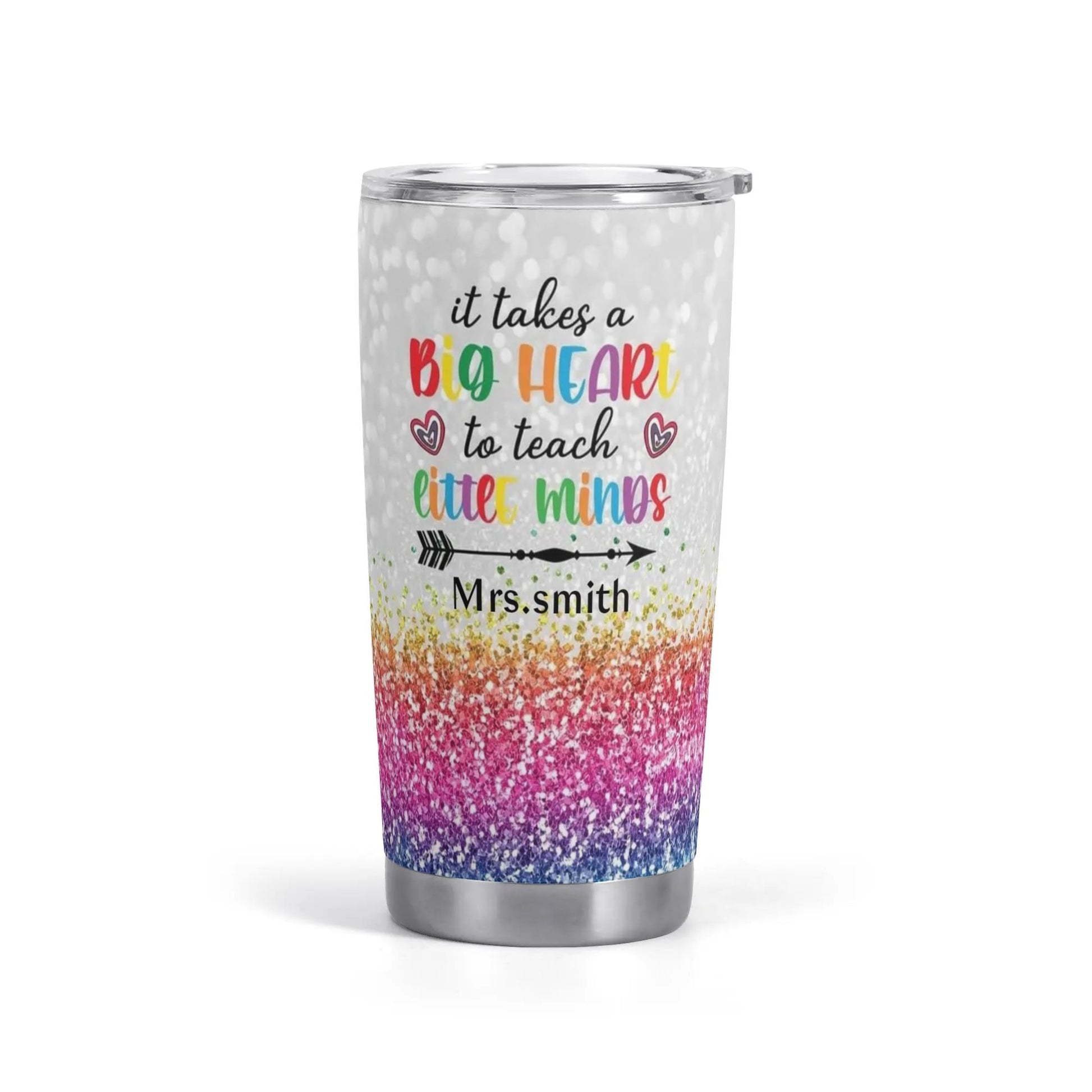 Big Heart to Teach Little Minds Tumbler | Crayon Teacher Gift | Personalized Glitter Rainbow Cup - De Krys