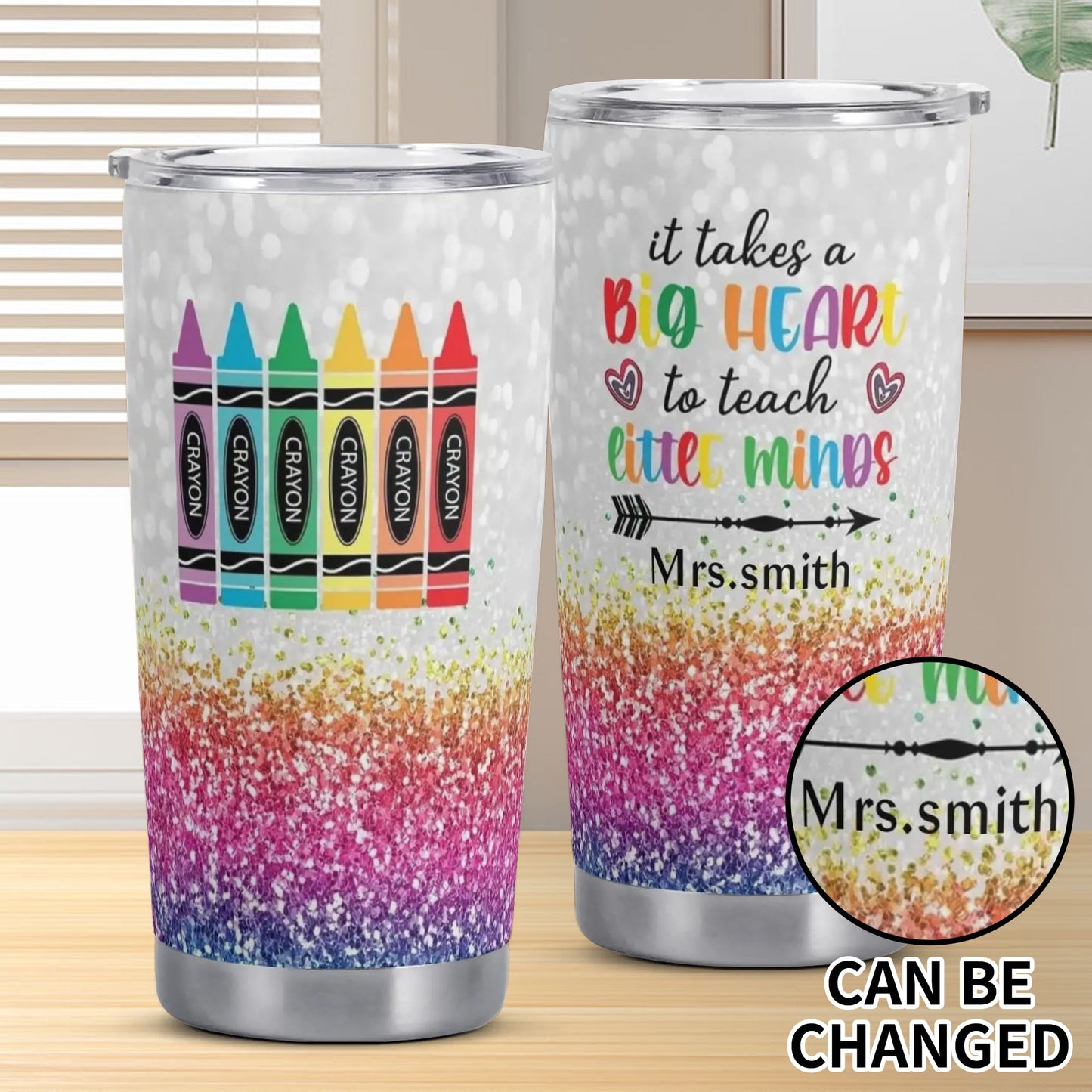 Personalized teacher tumbler with rainbow crayons and “It takes a big heart to teach little minds” design—customizable appreciation gift for teachers.