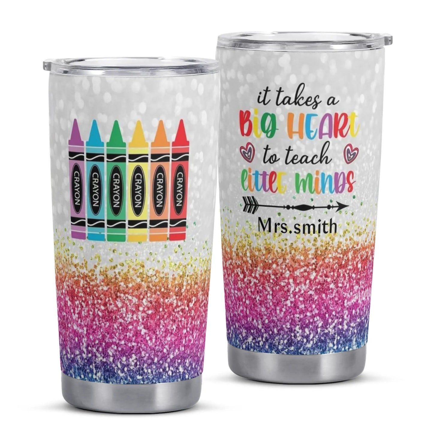 Big Heart to Teach Little Minds Tumbler | Crayon Teacher Gift | Personalized Glitter Rainbow Cup - De Krys