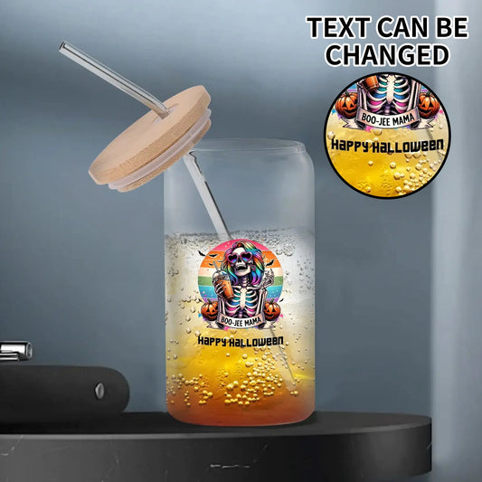 Black Cat Halloween Glass Tumbler – 16oz Spooky Season Cup w/ Bamboo Lid - De Krys