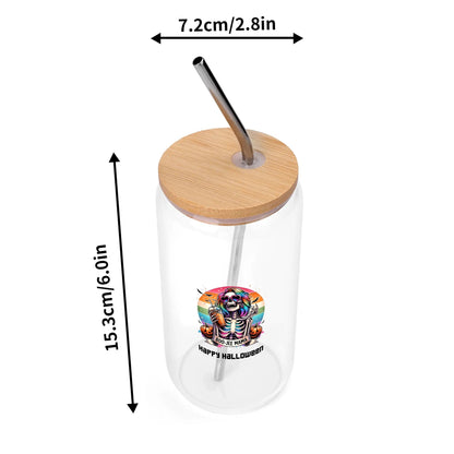 Black Cat Halloween Glass Tumbler – 16oz Spooky Season Cup w/ Bamboo Lid - De Krys