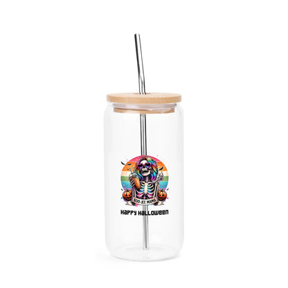 Black Cat Halloween Glass Tumbler – 16oz Spooky Season Cup w/ Bamboo Lid - De Krys