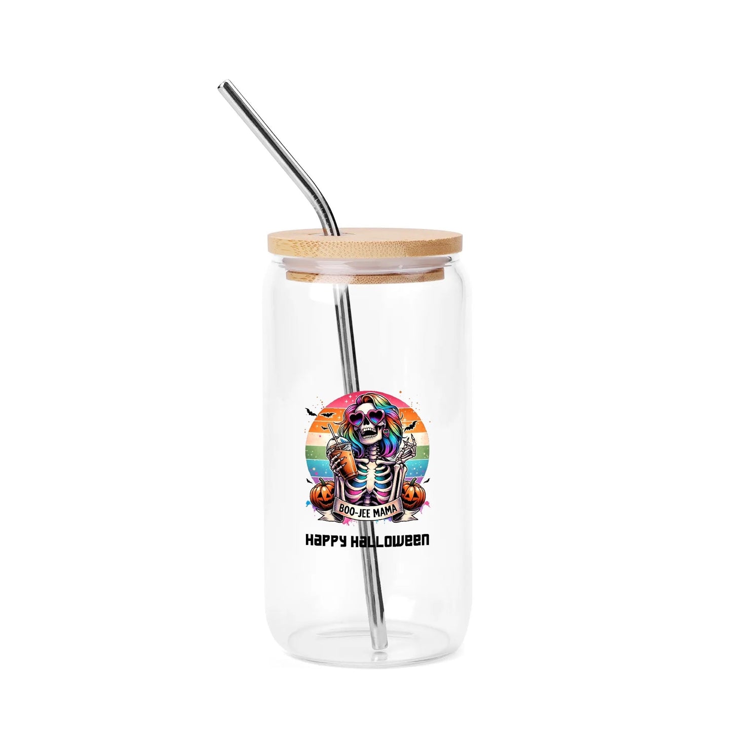 Black Cat Halloween Glass Tumbler – 16oz Spooky Season Cup w/ Bamboo Lid - De Krys