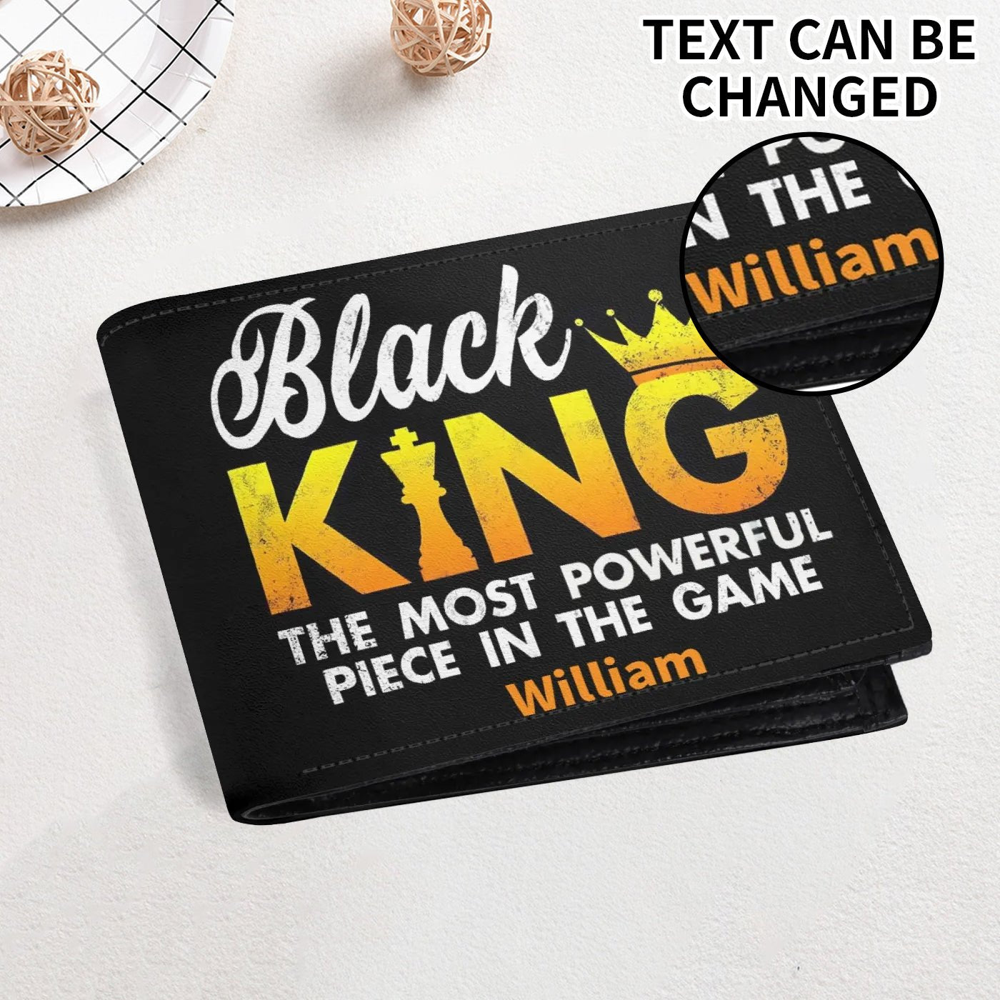 Black King personalized wallet with crown design, chess piece art, motivational text “The Most Powerful Piece in the Game,” and custom name option.