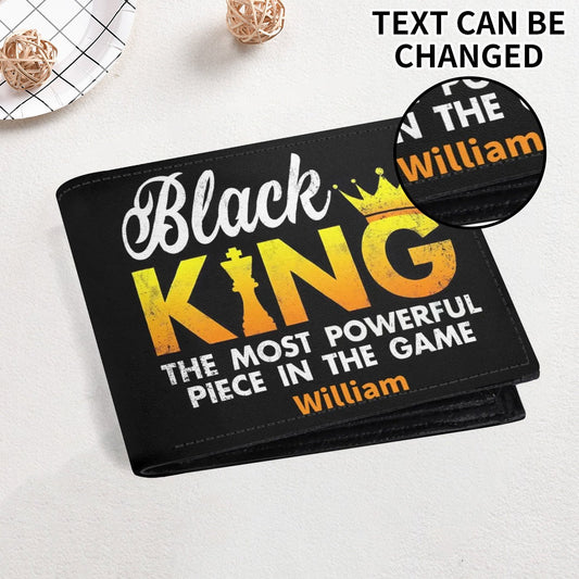 Black King personalized wallet with crown design, chess piece art, motivational text “The Most Powerful Piece in the Game,” and custom name option.
