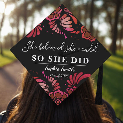 Boho Graduation Cap Topper – Custom Floral Design with Inspirational Quote - De Krys