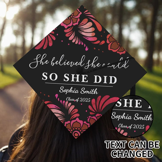 Boho Graduation Cap Topper – Custom Floral Design with Inspirational Quote - De Krys