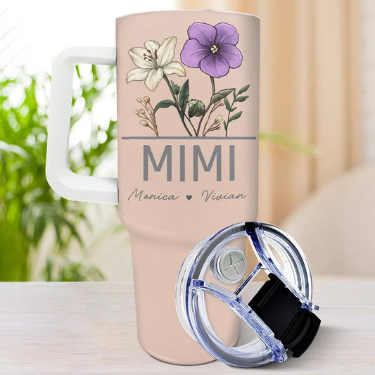 Close-up custom floral tumbler for Mimi engraved with children’s names