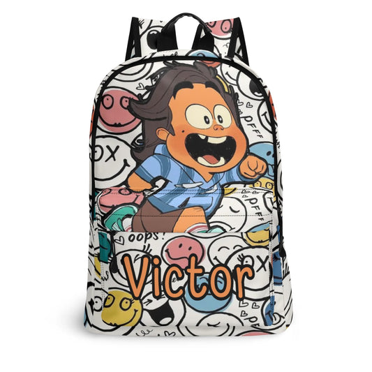 Custom cartoon kids backpack with fun doodle design and personalized name. Perfect back-to-school bag for boys and girls.