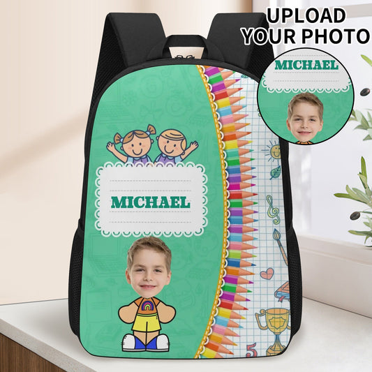 Personalized kids school backpack with photo and name, colorful crayon design.