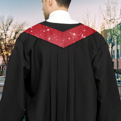 Graduation stole draped over gown with red fireworks pattern and shiny finish