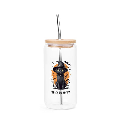 Custom Halloween Black Cat Glass Can Cup – "Trick or Treat" Iced Coffee Cup with Straw & Bamboo Lid - De Krys