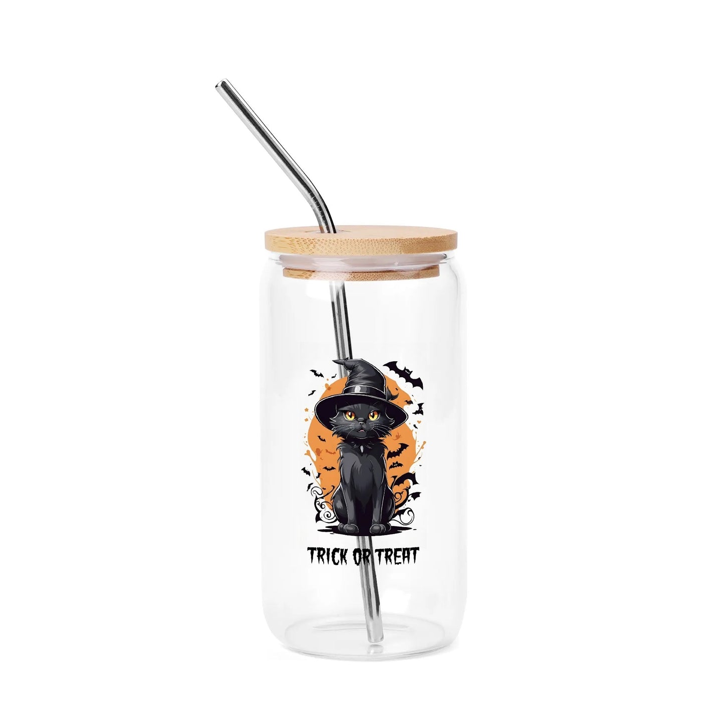 Custom Halloween Black Cat Glass Can Cup – "Trick or Treat" Iced Coffee Cup with Straw & Bamboo Lid - De Krys