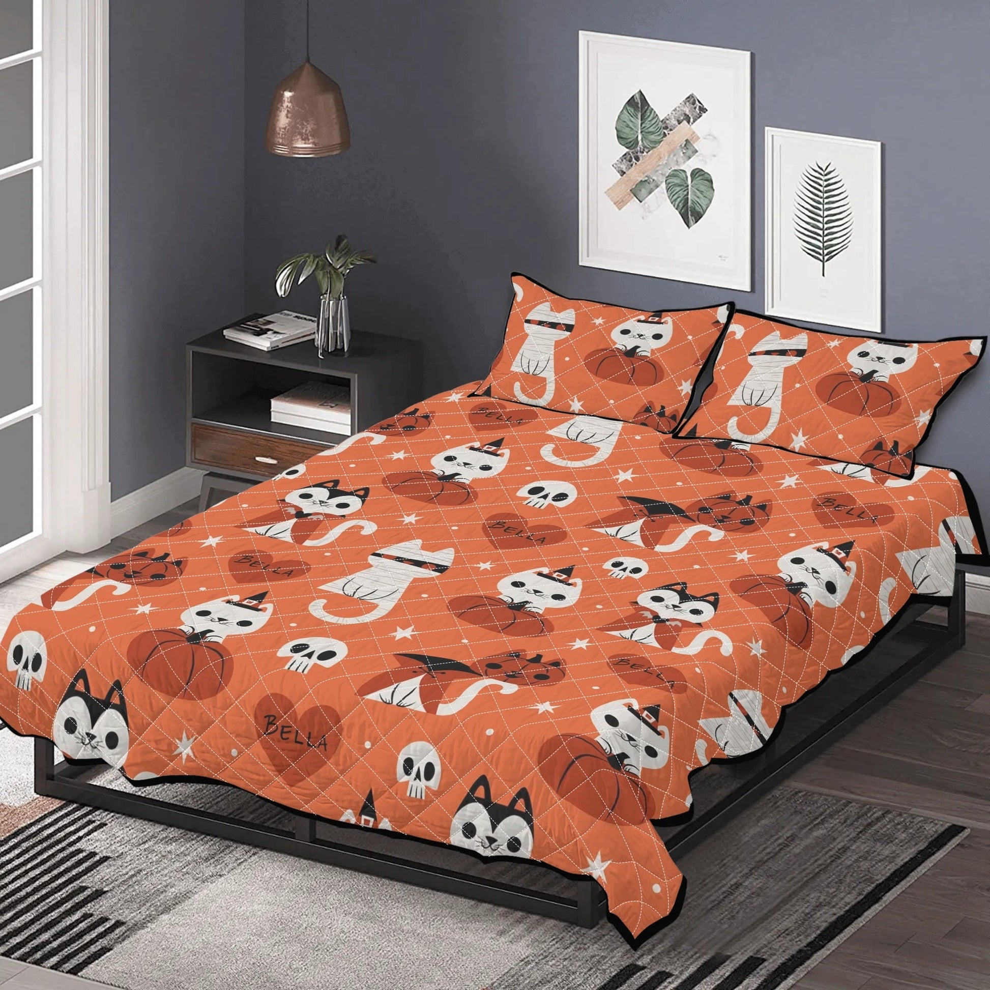 Custom Halloween Cat Quilt – Personalized Name Bedding Set - De Krys