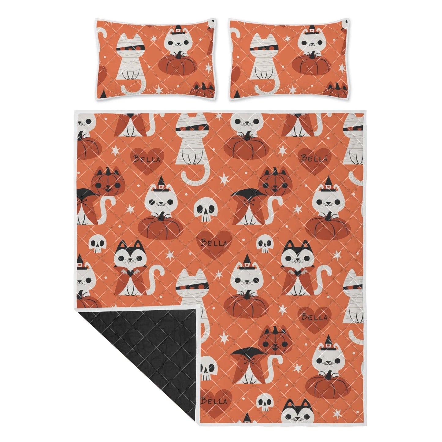 Custom Halloween Cat Quilt – Personalized Name Bedding Set - De Krys