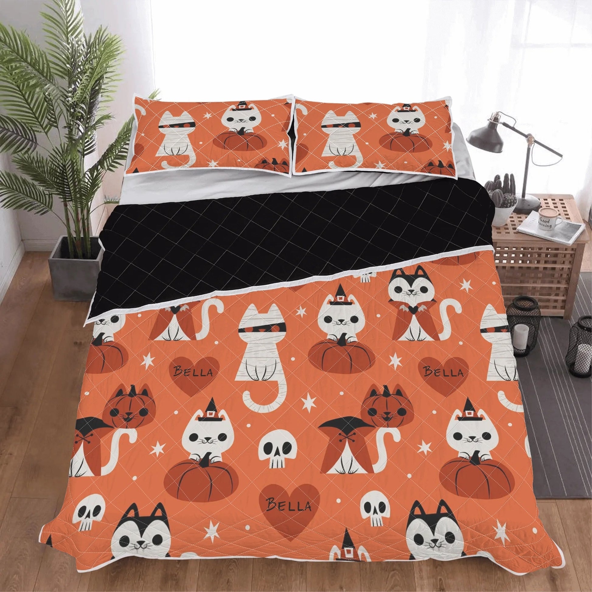 Custom Halloween Cat Quilt – Personalized Name Bedding Set - De Krys
