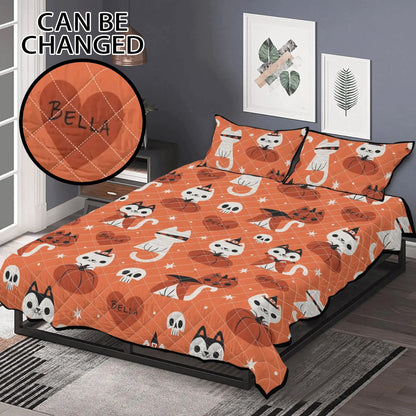 ustom Halloween cat quilt bedding set with pumpkins, skulls, and stars, personalized with name.