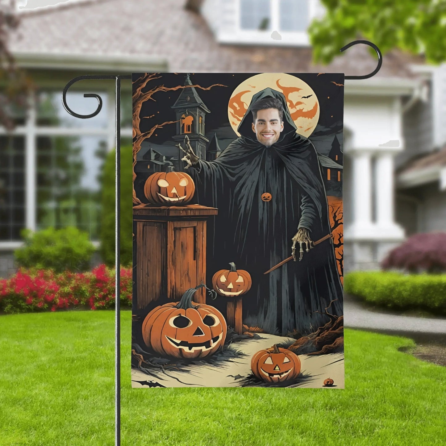 Custom Halloween Wizard Garden Flag | Personalized Face Spooky Cloak Yard Décor - De Krys