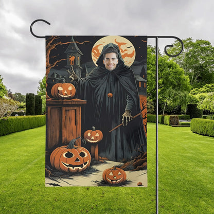 Custom Halloween Wizard Garden Flag | Personalized Face Spooky Cloak Yard Décor - De Krys