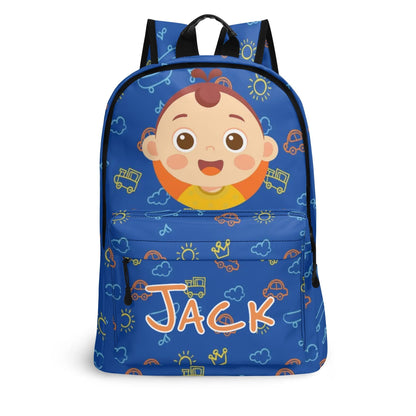 Custom cartoon kids backpack with boy’s name “Jack.” Personalized school bag with fun doodle design in blue.