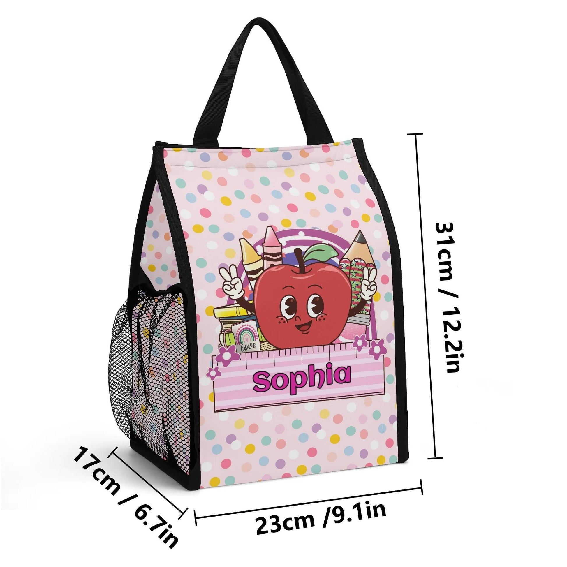 Custom printed children’s tote bag with colorful back-to-school pattern, reusable and durable fabric.