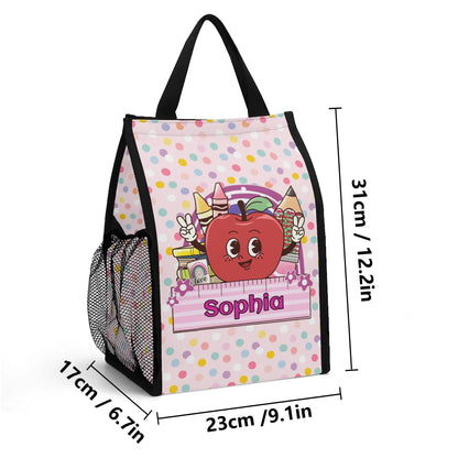 Custom printed children’s tote bag with colorful back-to-school pattern, reusable and durable fabric.