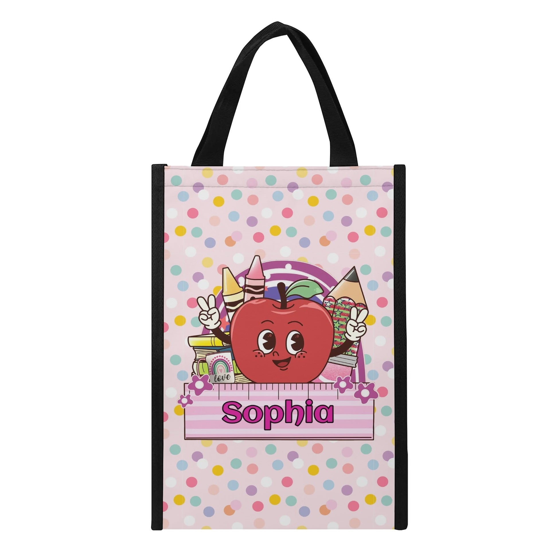Personalized kids tote bag with name, cute apple and crayon school design, pink polka dot background.