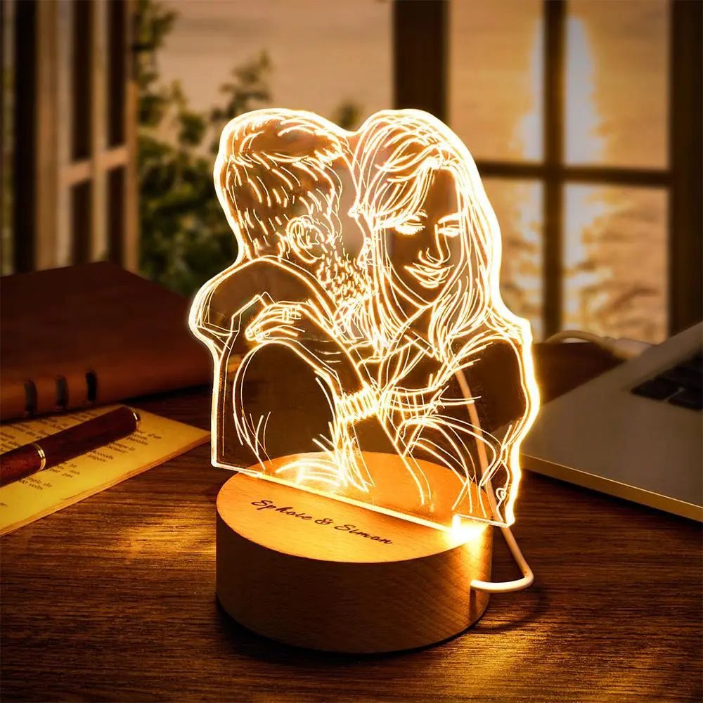 Custom Line Art Couple LED Night Light – Personalized Acrylic Lamp with Names & Photo Engraving - De Krys