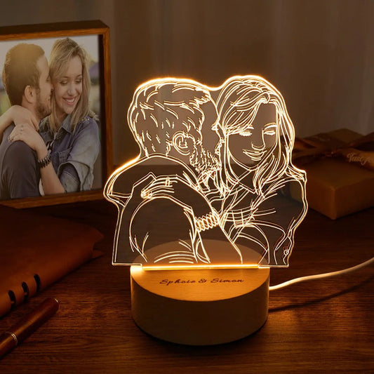 Personalized LED acrylic lamp with engraved couple portrait and wooden base – custom romantic gift for anniversary, wedding, or Valentine’s Day