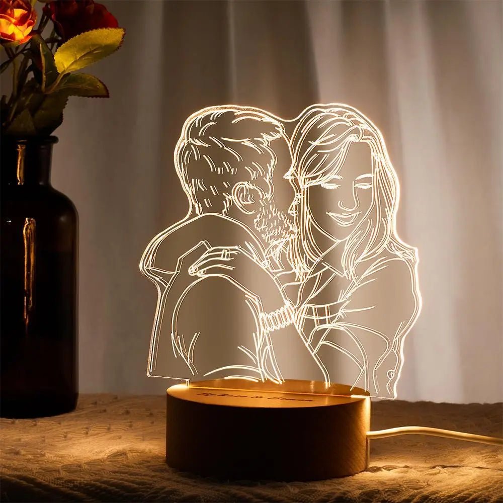 Custom Line Art Couple LED Night Light – Personalized Acrylic Lamp with Names & Photo Engraving - De Krys