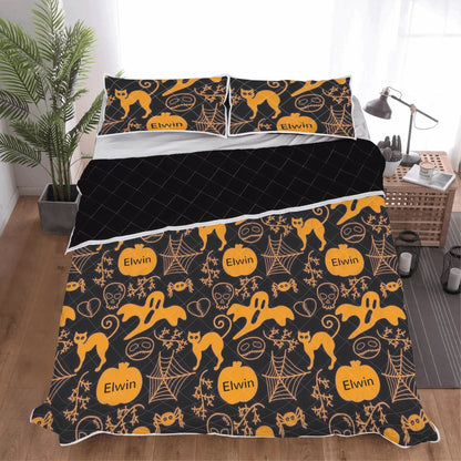 Custom Name Halloween Quilt – Black Cat & Pumpkin Bedding Set - De Krys