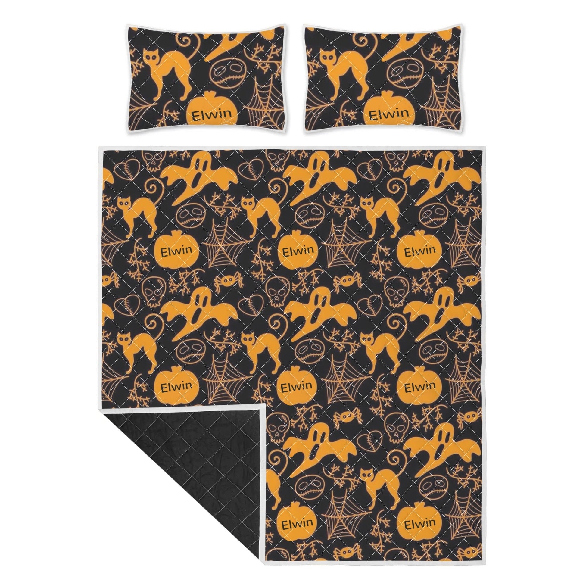 Custom Name Halloween Quilt – Black Cat & Pumpkin Bedding Set - De Krys