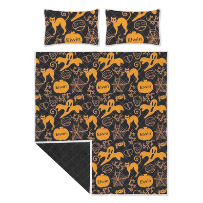 Custom Name Halloween Quilt – Black Cat & Pumpkin Bedding Set - De Krys